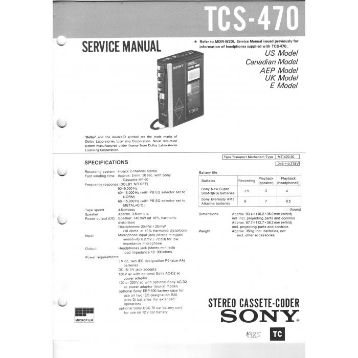 Service-Manual Sony TCS-470 - Manuals Sony Portable - Schneider