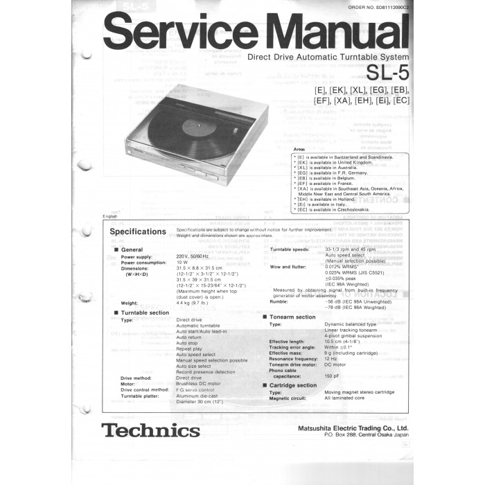 Turntable SLQL5/K Technics Service Manual Manuals Technics
